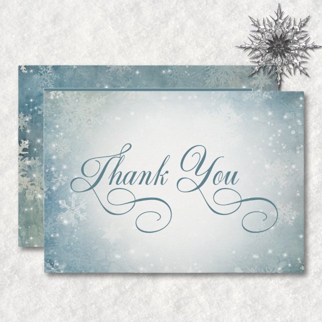 Cartão De Agradecimento Recepção Brilhante Romântica Azul-Neve Azul-Branco (Romantic Falling Snow Blue White Sparkle Reception Thank You Card)