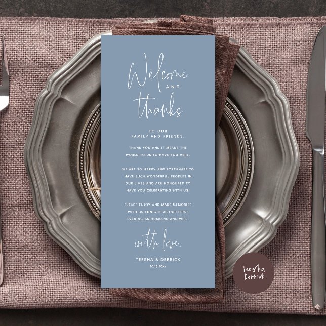 Cartão de Agradecimento Recepção de Casamento Bem- (Welcome n Thanks Wedding Reception Dinner Brunch Lunch Thank You Card in Dusty Blue)