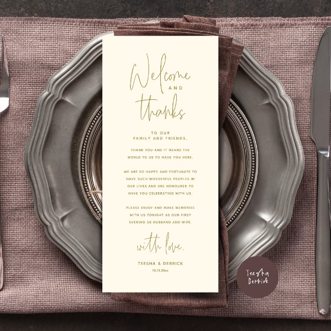 Cartão de Agradecimento Recepção de Casamento Bem- (Welcome n Thanks Wedding Reception Dinner Brunch Lunch Thank You Card in Yellow Gold)