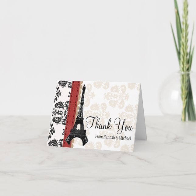 CARTÃO DE AGRADECIMENTO RED AND BLACK DAMASK EIFFEL TOWER THANK YOU (Frente)
