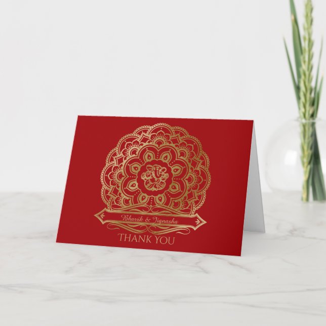 Cartão De Agradecimento Red and Gold Mandala Indian Thank You card (Frente)