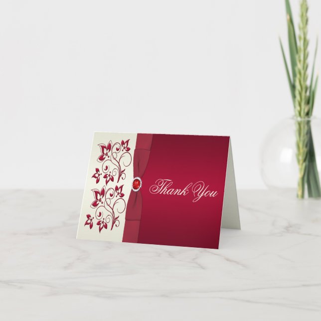 Cartão De Agradecimento Red and Ivory Floral Thank You Card (Frente)