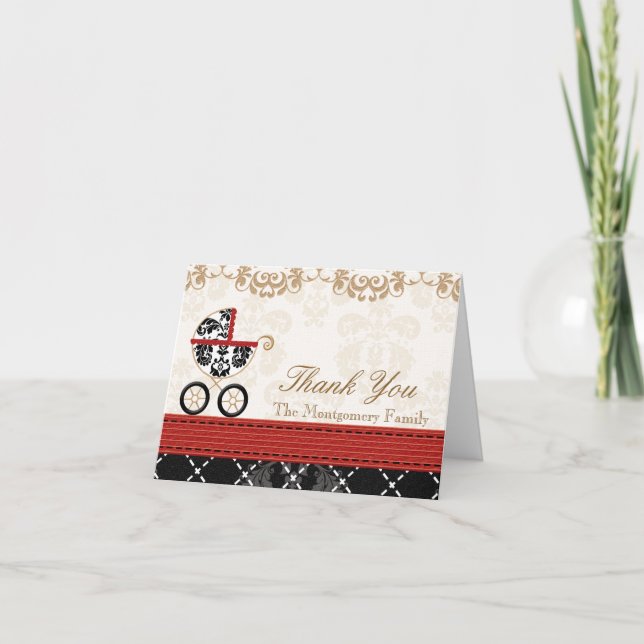 Cartão De Agradecimento RED Black Damask Baby Carriage Shower Thank You (Frente)