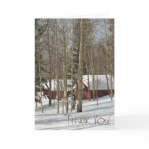 Red cabins in snow Thank you card