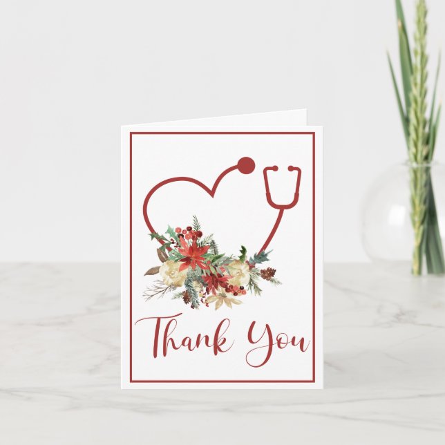Cartão De Agradecimento Red Floral Stethoscope Heart Christmas Obrigado (Frente)
