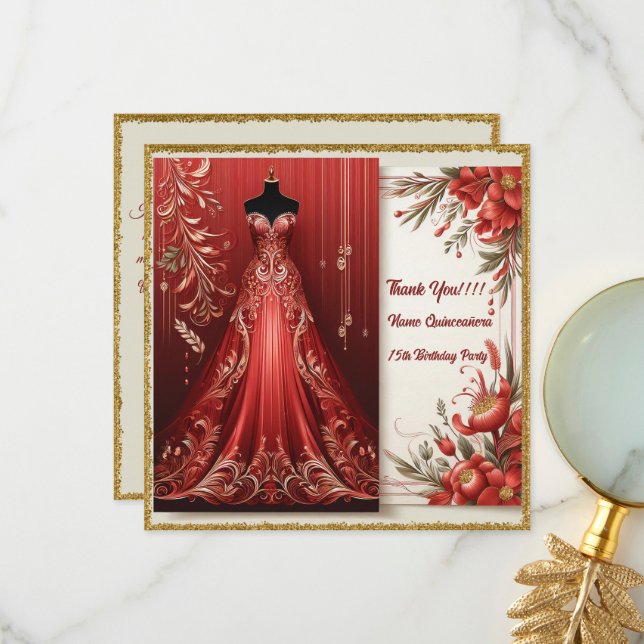 Cartão De Agradecimento Red Formal Long Dress Quinceañera (Frente/Verso In Situ)