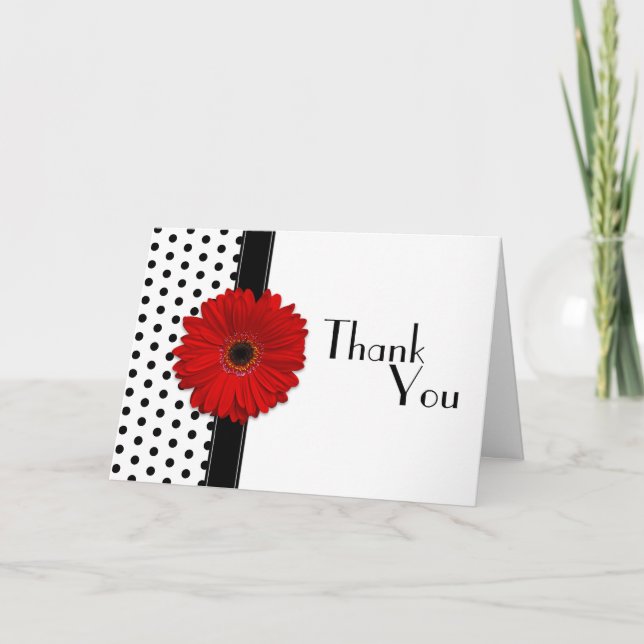 Cartão De Agradecimento Red Gerber Black White Polka Dot Wedding Thank You (Frente)