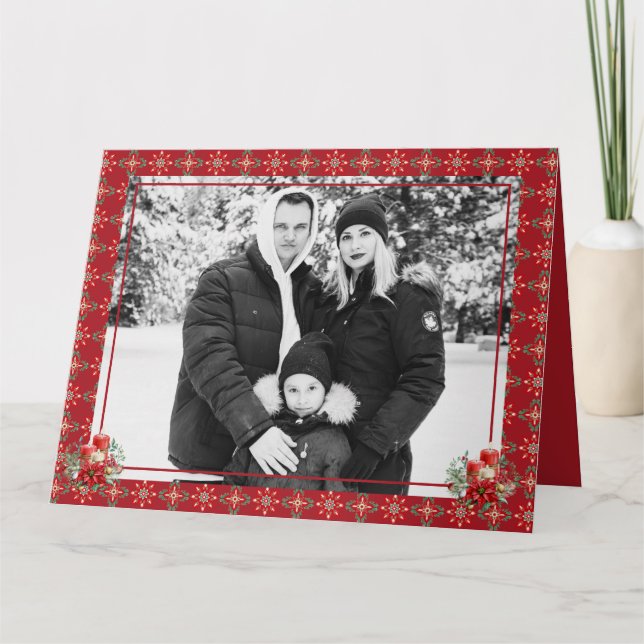 Cartão De Agradecimento Red Green Christmas One Photo Snowflake Obrigado (Frente)