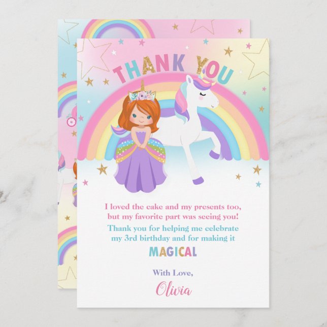 Cartão De Agradecimento Red Haired Princess e Rainbow Unicorn Aniversário (Frente/Verso)