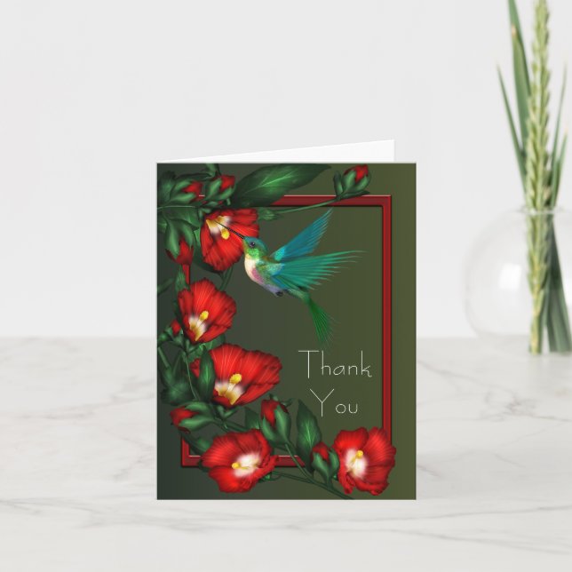 Cartão De Agradecimento Red Hibiscus Green Hummingbird Thank You Cards (Frente)
