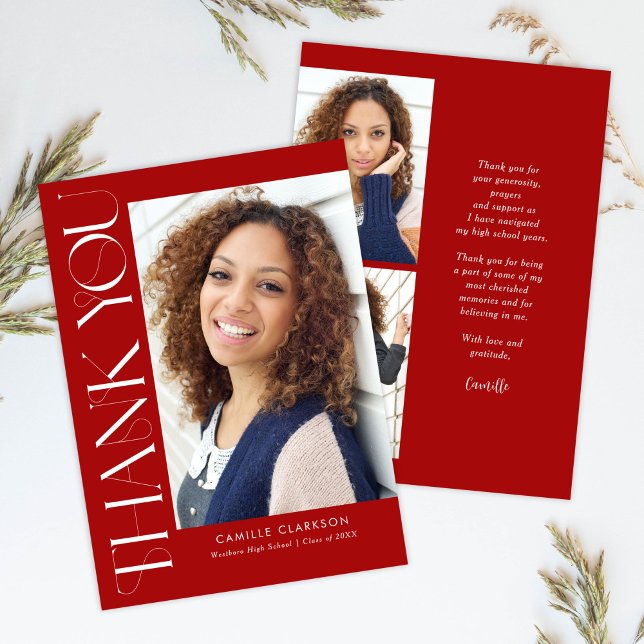 Cartão De Agradecimento Red Modern Elegant Vertical Três Graduações de Fot (Criador carregado)