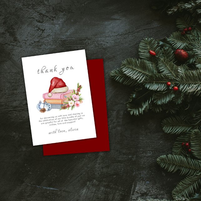 Cartão De Agradecimento Red New Chapter Begins Winter Floral Baby Shower  (Red New Chapter Begins Winter Floral Baby Shower Thank You Card)