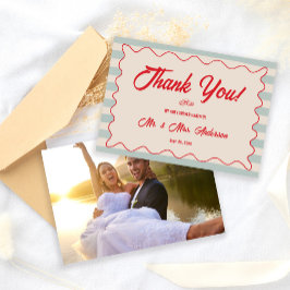 Cartão De Agradecimento Red Script Blue Lines Retro Wedding Photo