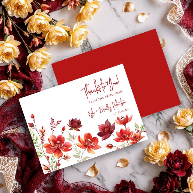 Cartão De Agradecimento Red Shades Romantic Floral Wedding (Red Shades Romantic Spring Floral Wedding Thank You Cards.)