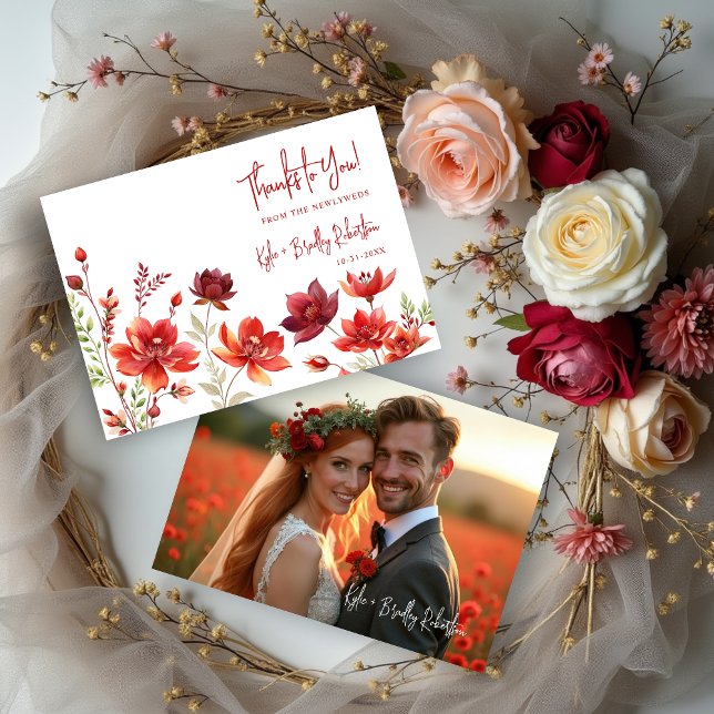 Cartão De Agradecimento Red Shades Romantic Floral Wedding Back Photo (Red Shades Romantic Spring Floral Wedding Thank You Cards with Back Photo.)