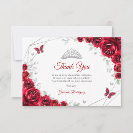 Cartão De Agradecimento Red Silver Floral Quinceanera