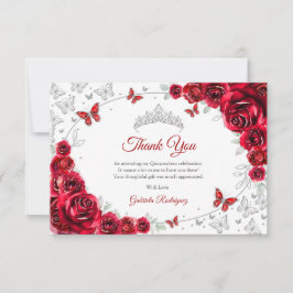 Cartão De Agradecimento Red Silver Floral Quinceanera