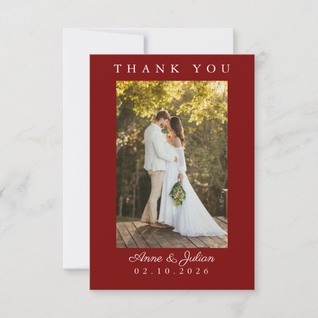 Cartão De Agradecimento Red Simple Photo Wedding Thank You Card W Note (Frente)