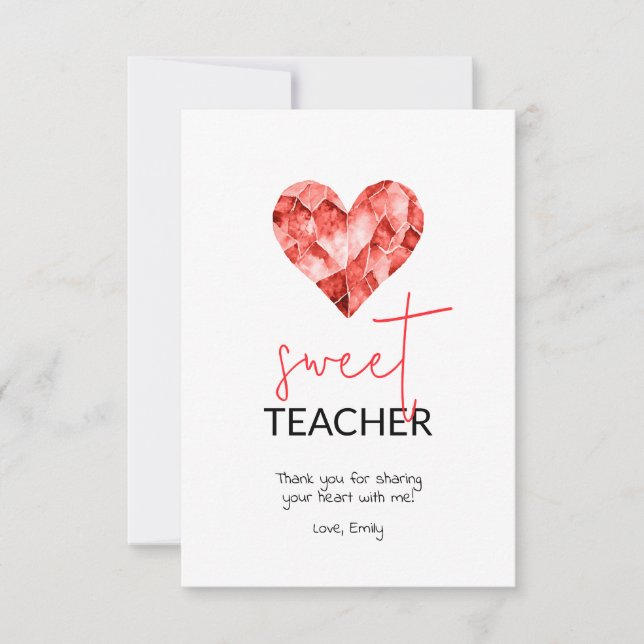Cartão De Agradecimento Red Sweet Teacher Watercolor diamond Heart (Frente)