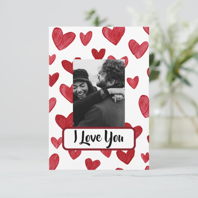 Cartão De Agradecimento Red Valentine’s Card with Photo & Love Message (Em pé/Frente)
