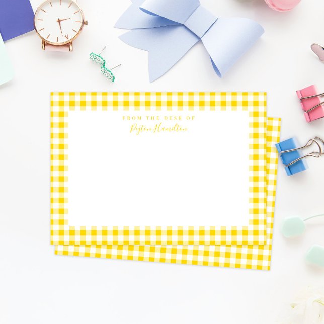 Cartão De Agradecimento Registro Pessoal de Gingham Amarelo (sunny yellow gingham check pattern personal stationery for adults and kids)