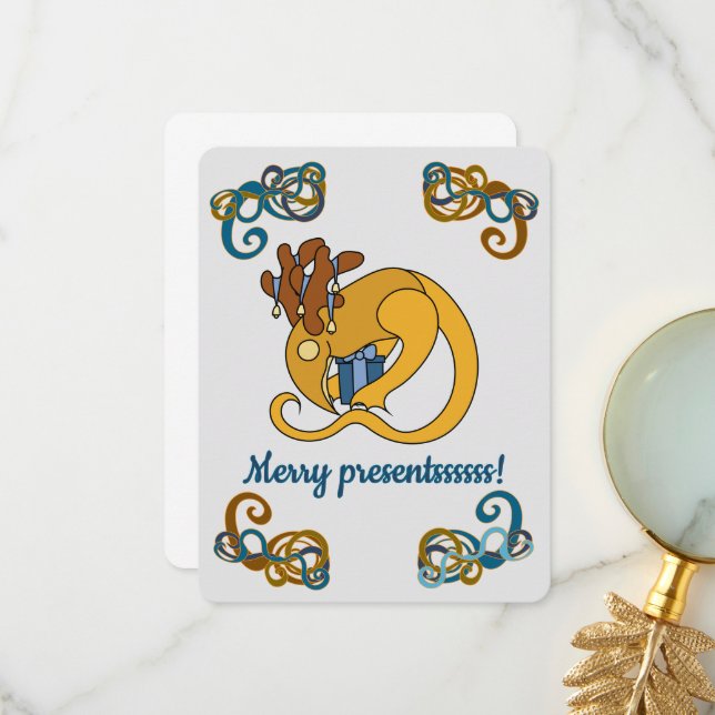 Cartão De Agradecimento Reindeer bird with bells and presents Christmas (Frente/Verso In Situ)