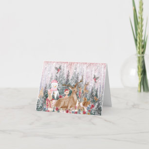 Cartão De Agradecimento Reindeer de Aquarela Rosa, Snowman Feliz Natal