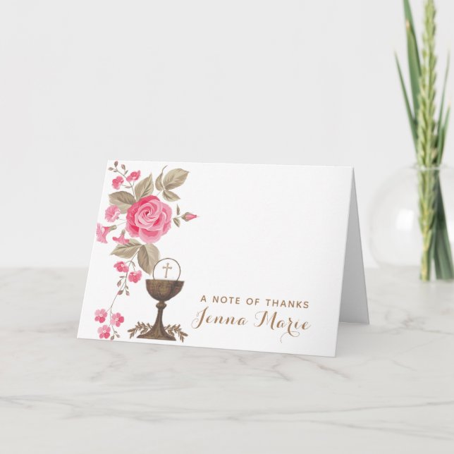Cartão De Agradecimento Religião Floral de Primeira Comunhão Católica (Frente)
