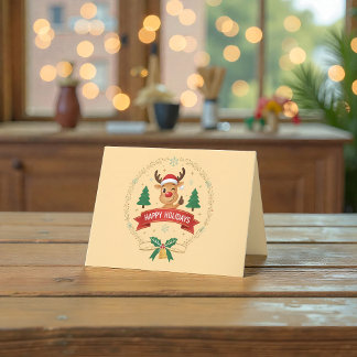 Cartão De Agradecimento Rena Sorridente e Piscando Natal Feliz Férias de N