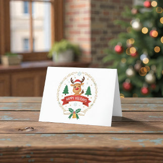 Cartão De Agradecimento Rena Sorridente e Piscando Natal Feliz Férias de N