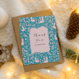 Cartão De Agradecimento Renas Florais Nórdicas Natal Rosa em Azul Christ