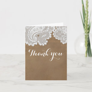 Cartão De Agradecimento Renda Branca & Marrom Rustic Chic Elegante Casamen