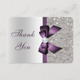 Cartão De Agradecimento Renda Falsa Roxa Lantejoulas Prata Diamante Obriga