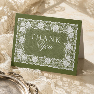 Cartão De Agradecimento Renda Vintage Oliva Verde Casamento Old Money