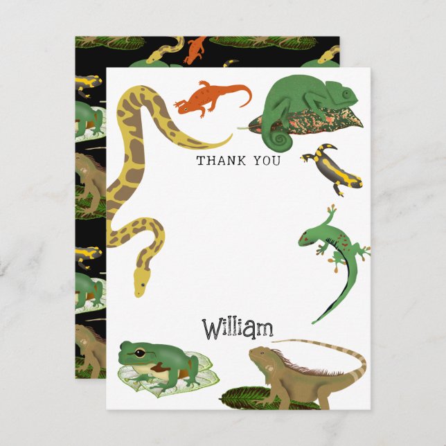 Cartão De Agradecimento Réptil, Lagartos e Anfíbios Nome de Crianças (Frente/Verso)