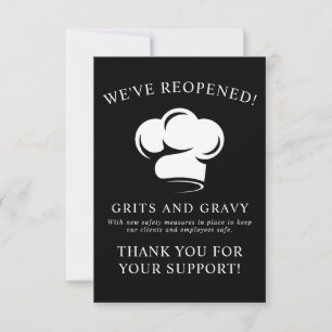 Cartão De Agradecimento Restaurante Chapéu de Chef Preto Branco Reabertura