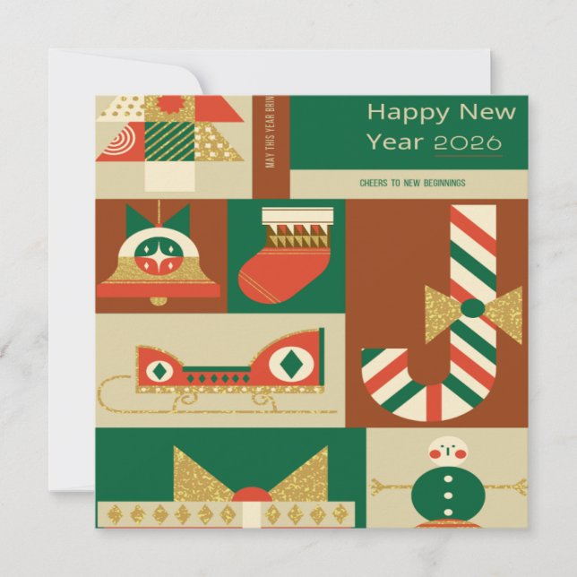 Cartão De Agradecimento Retro Geometric Christmas Greeting Card – Festive. (Frente)