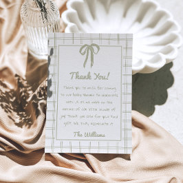 Cartão De Agradecimento Retro Hand Drawn Green Gingham Bow Baby Shower