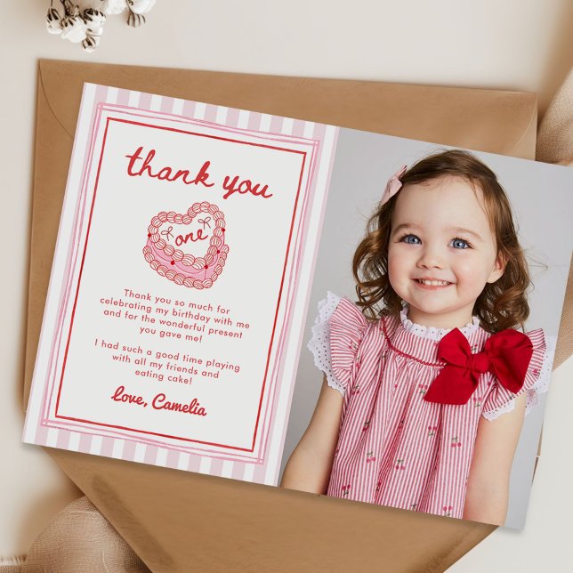 Cartão De Agradecimento Retro Hand Drawn Valentine First Birthday Photo (Criador carregado)
