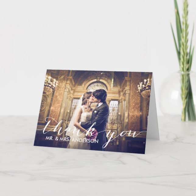 Cartão De Agradecimento Retro Handwriting | Wedding Photo Thank You (Frente)