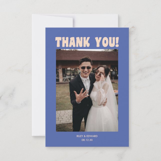 Cartão De Agradecimento Retro Modern Bold Typography Blue Wedding Photo (Frente)