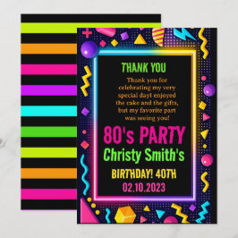 Cartão De Agradecimento Retro Neon 80s Birthday Adult Party