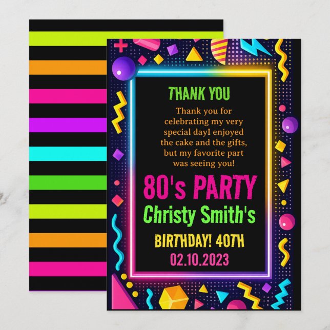 Cartão De Agradecimento Retro Neon 80s Birthday Adult Party (Frente/Verso)