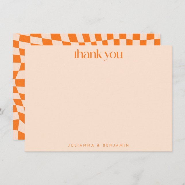 Cartão De Agradecimento Retro Orange Abstract Checkerboard Wedding Custom (Frente/Verso)