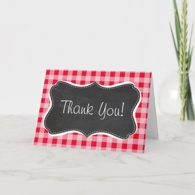 Cartão De Agradecimento Retro Scarlet Red Gingham; Chalkboard look (Frente)