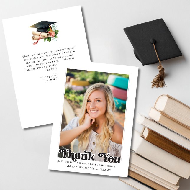 Cartão De Agradecimento Retro Script Photo Graduation (Retro Script Photo Graduation Thank You Card)
