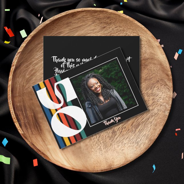 Cartão De Agradecimento Retro Striped Fifty Birthday Photo 1976 50th  (Criador carregado)