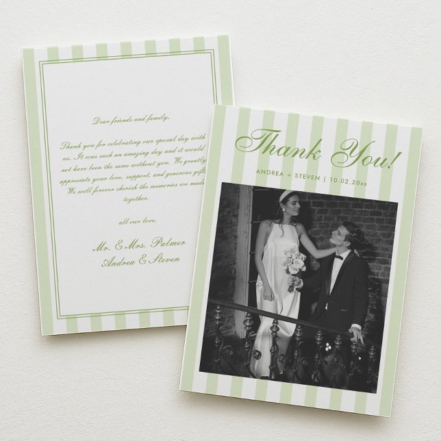 Cartão De Agradecimento Retro White and Green Striped Wedding Photo  (Criador carregado)