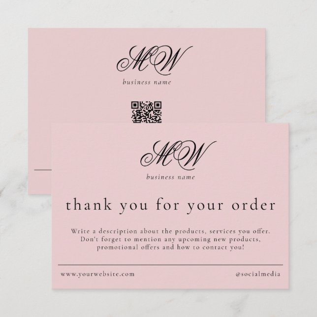 Cartão De Agradecimento Review Order Packaging Insert Script Monogram Pink (Frente/Verso)