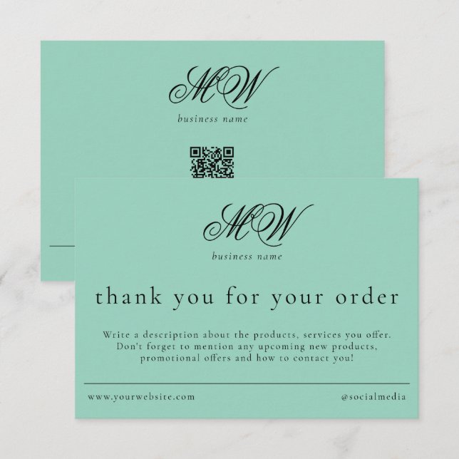 Cartão De Agradecimento Review Order Packaging Insert Script Monogram Teal (Frente/Verso)